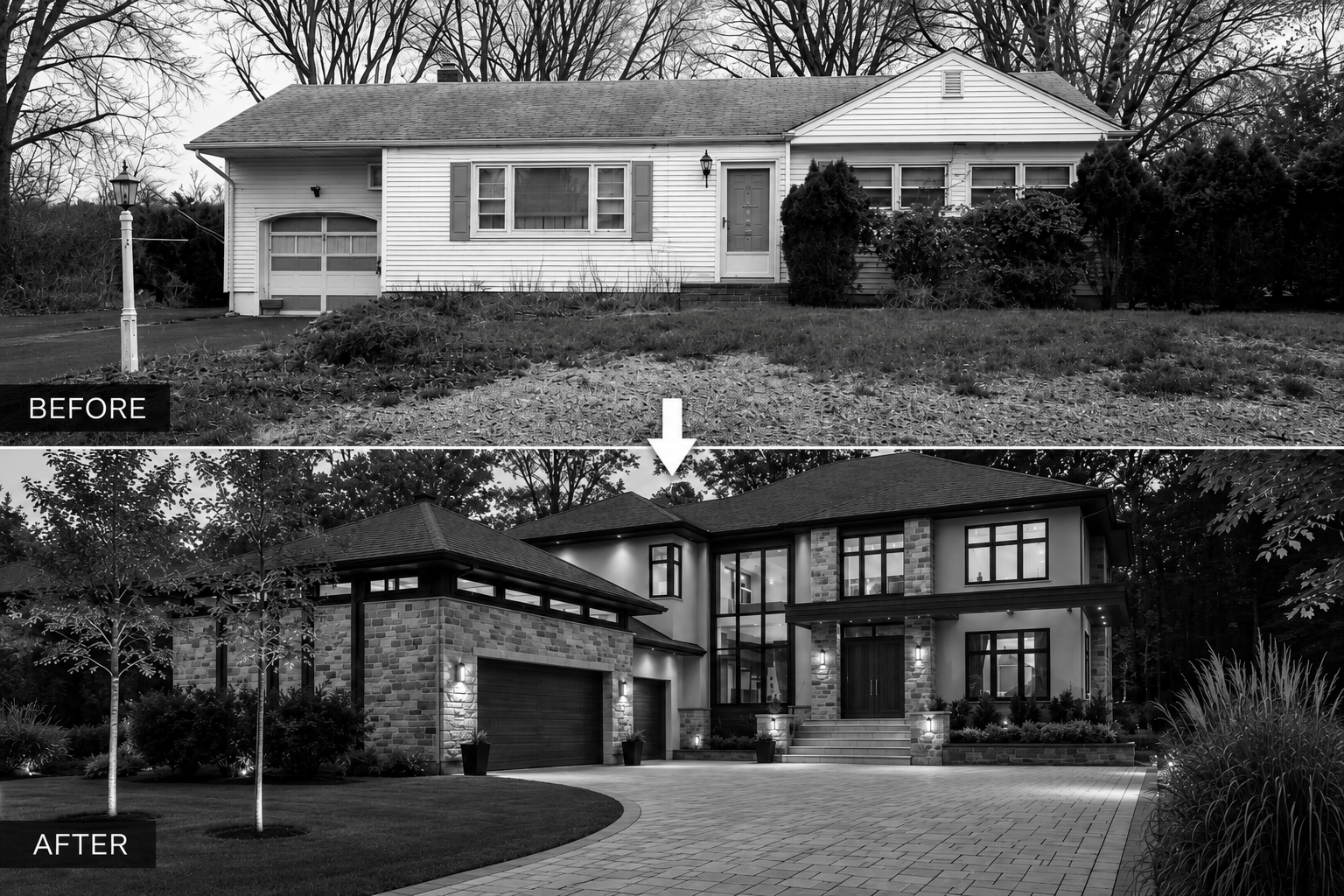 Before-and-after transformation of a single-family home into a modern luxury estate